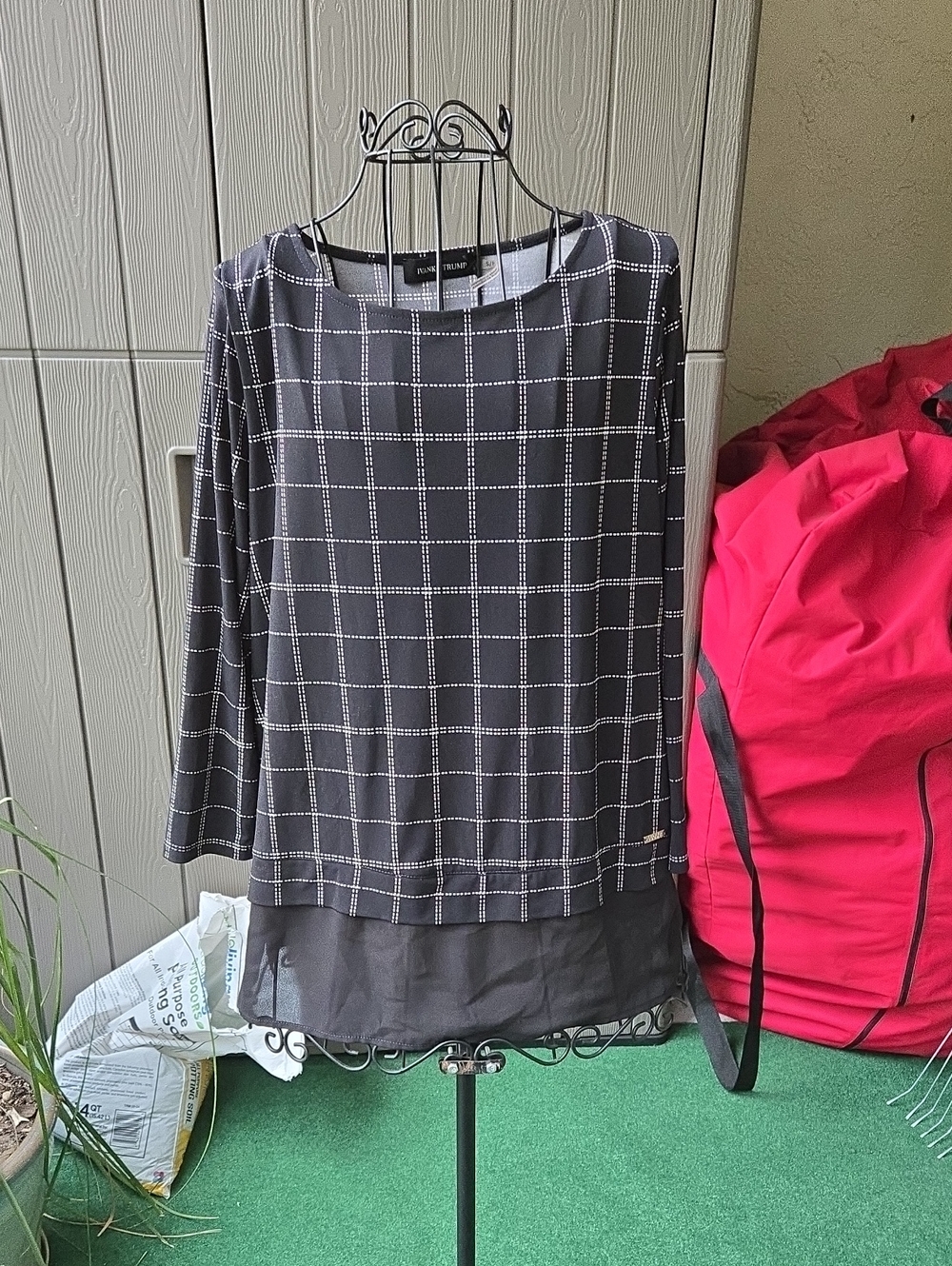 Ivanka Trump Black Top with White Stitch Grid and Gold Logo